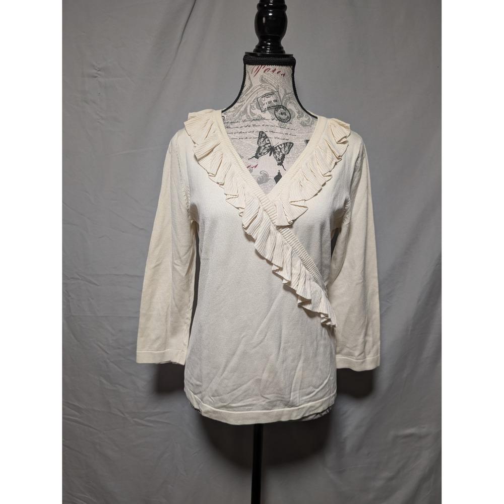 August Silk Cream Silk‎ Ruffle Wrap V-Neck Knit Top 3/4 Sleeve Women's Large